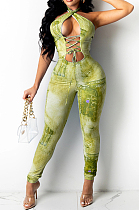 Earth Yellow Sexy Positioning Printing Bandage Halter Neck Strapless Backelss Hollow Ourt Bodycon Jumpsuits SZS8149-2