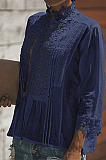 Blue Fashion Lace Stand Collar Half Sleeve Ruffle Cardigan Shirts MDO9004-4