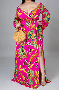 Rose Red Lady Feather Printing Multicolor Sexy Split Tied Long Sleeve V Neck Plus Long Dress KZ2117-3