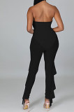 Black High Waist Solid Color Polyester Mesh Strapless Backless Bodycon Jumpsuits YF9203-1
