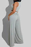Blue Women Sleeveless Solid Color Round Neck Dew Waist Pants Sets KZ2123-5