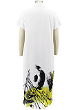 White Women Turn-Down Collar Short Sleeve Irregular Printing Casual T Shirt/Shirt Dress KZ2118-1
