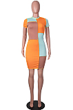 Orange Fashion Spliced Short Sleeve Round Collar Slim Fitting Hip Midi Dress SZS8154-1