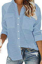 Sky Blue Summer New Long Sleeve Lapel Collar Single-Breasted Loose Solid Color Shirts MDO0172-3