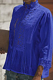 Dark Blue Fashion Lace Stand Collar Half Sleeve Ruffle Cardigan Shirts MDO9004-2