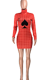 Red Fashion Plaid Printing Long Sleeve Round Collar Slim Fitting Solid Color Hip Mini Dress YMT6223-2