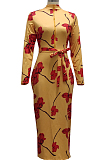 Yellow Digital Printing Long Sleeve Round Collar Zipper Bandage Bodycon Dress SMR10491