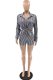 Black Fashion Stripe Long Sleeve Lapel Neck Single-Breasted Shirt Shorts Two-Piece QQ5258-2