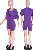 Purple Cotton Blend Casual Short Sleeve Stand Neck Zipper Top High Waist Shorts Solid Color Two-Piece QQ5182-8