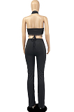 Black Night Club Solid Color Halter Neck Backless Strapless Ruffle Mid Waist Shift Pants Two-Piece DR8106-4