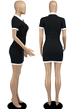 Black Casual Ribber Short Sleeve Lapel Neck Zipper Slim Fitting Hip Mini Dress DR88112-2