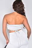 White Night Club Solid Color Halter Neck Backless Strapless Ruffle Mid Waist Shift Pants Two-Piece DR8106-1