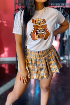 Yellow Cute Cartoon Graphic Short Sleeve Round Collar T-Shirt High Waist Plaid Pleated Skirts Sets QQ5253