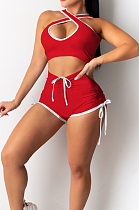 Red Casual Halter Neck Backless Hollow Out Strapless Shorts Sports Two-Piece DR88114-1
