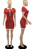 Red Casual Ribber Short Sleeve Lapel Neck Zipper Slim Fitting Hip Mini Dress DR88112-1