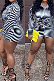Yellow Fashion Stripe Long Sleeve Lapel Neck Single-Breasted Shirt Shorts Two-Piece QQ5258-5