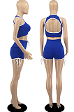 Blue Casual Halter Neck Backless Hollow Out Strapless Shorts Sports Two-Piece DR88114-2
