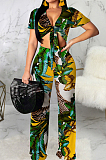 Black Fashion Digital Printing Short Sleeve V Neck Bandage Crop Top High Waist Shift Pants Two-Piece SMR10506-2