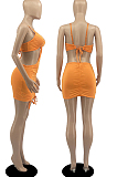 Orange Cotton Blend Summer Condole Belt Backless Strapless Drawsting Sexy Solid Color Hip Mini Dress DR8107-3
