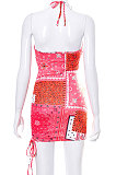Newest Cross Neck Print Backless Drawstring Sexy Crop Mini Dress FWB132
