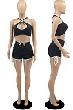 Black Casual Halter Neck Backless Hollow Out Strapless Shorts Sports Two-Piece DR88114-3