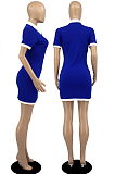 Blue Casual Ribber Short Sleeve Lapel Neck Zipper Slim Fitting Hip Mini Dress DR88112-3