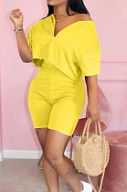 Yellow Cotton Blend Casual Short Sleeve Stand Neck Zipper Top High Waist Shorts Solid Color Two-Piece QQ5182-6