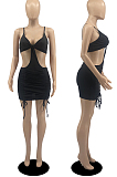 Black Cotton Blend Summer Condole Belt Backless Strapless Drawsting Sexy Solid Color Hip Mini Dress DR8107-1