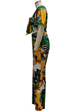 Green Fashion Digital Printing Short Sleeve V Neck Bandage Crop Top High Waist Shift Pants Two-Piece SMR10506-1