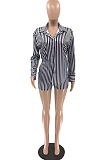 Pink Fashion Stripe Long Sleeve Lapel Neck Single-Breasted Shirt Shorts Two-Piece QQ5258-3