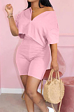 Pink Cotton Blend Casual Short Sleeve Stand Neck Zipper Top High Waist Shorts Solid Color Two-Piece QQ5182-2