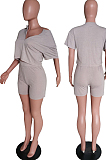 Khaki Cotton Blend Casual Short Sleeve Stand Neck Zipper Top High Waist Shorts Solid Color Two-Piece QQ5182-5