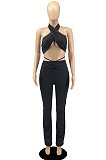 Black Night Club Solid Color Halter Neck Backless Strapless Ruffle Mid Waist Shift Pants Two-Piece DR8106-4