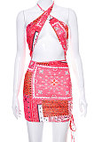 Newest Cross Neck Print Backless Drawstring Sexy Crop Mini Dress FWB132