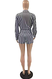 Green Fashion Stripe Long Sleeve Lapel Neck Single-Breasted Shirt Shorts Two-Piece QQ5258-1