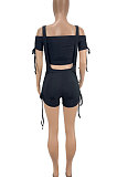Black Euramerican Women Pure Color Sexy Shirred Detail Short Sleeve Condole Belt Shorts Sets KXL847-1