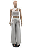 Khaki Summer Sleeleless O Collar Hollow Out Crop Top Wide Leg Pants Solid Color Two-Piece PQ8056-1