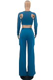 Black Casual Pure Color Hollow Out Long Sleeve Round Neck Crop Blouse High Waist Zippet Wide Leg Pants Two-Piece PQ8057-2