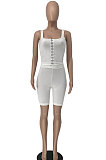 White Solid Color Bodycon Simplee Condole Belt  Shorts Sets BE8045-1