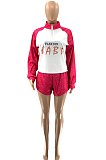 Red Cotton Blend Spliced Letter Printing Long Sleeve Stand Collar Zippet T-Shirt Shorts Sports Sets SZS9041-2