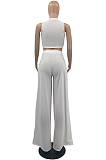 Khaki Summer Sleeleless O Collar Hollow Out Crop Top Wide Leg Pants Solid Color Two-Piece PQ8056-1