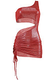 Red Women Solid Color Shirred Detail One Shoulder Crop Mini Dress ED8504-1