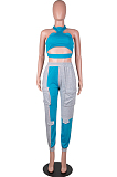 Royal Blue New Wholesal Halter Neck Straless Spliced Hollow Out Crop Top Casual With Pocket Pants Two-Piece SZS8159-3
