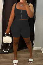 Black Solid Color Bodycon Simplee Condole Belt  Shorts Sets BE8045-2