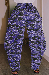 Purple Loose Mid Waist Fashion Casual Multicolor Camo Long Pants AYA7026-4