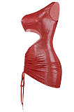 Red Women Solid Color Shirred Detail One Shoulder Crop Mini Dress ED8504-1