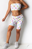 White Women Strapless Printing Sexy Shorts Sets KXL849-1