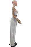 White Summer Sleeleless O Collar Hollow Out Crop Top Wide Leg Pants Solid Color Two-Piece PQ8056-3