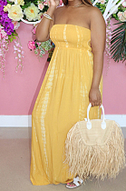 Yellow Summer New Cotton Blend Printing Loose Backless Long Dress P8723-1