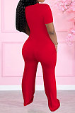 Black Women Pure Color Deep V Neck Short Sleeve Fashion  Wide Leg Jumpsuits ED8517-3